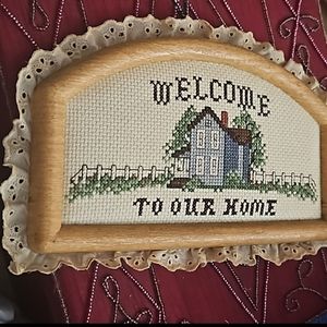 FINAL$ Rare Paragon Museum framed needlepoint Crossstitch Welcome W/
